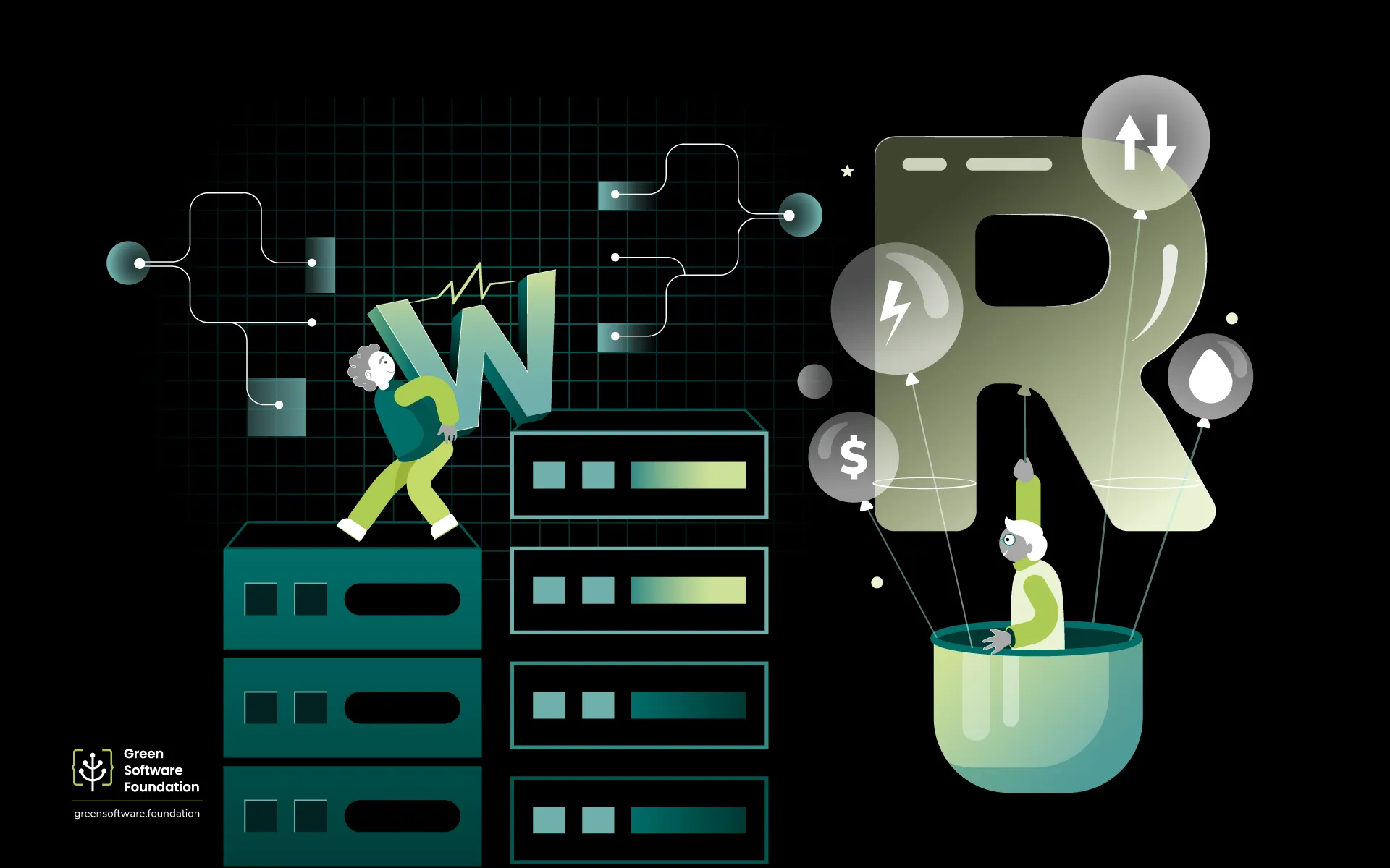 Illustration for "Beyond Watts: What Should AI Efficiency Really Measure?" showing a figure struggling to carry a large letter "W" (watts) across a row of server racks on the left, while on the right a smaller figure rides in a hot-air balloon basket lifted by a giant letter "R" (rate/functional unit), with balloons labeled with energy, cost, data-transfer, and water icons. Green Software Foundation logo in the bottom left.