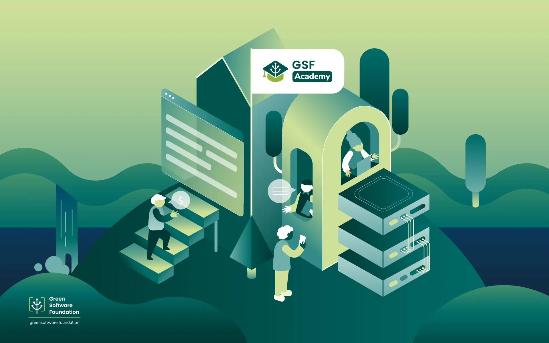 Illustration of the GSF Academy: a building with the GSF Academy logo on a green hillside, surrounded by people learning together, including one climbing steps beside a cost symbol, a stack of servers and a digital screen, representing training across roles from silicon to screen.