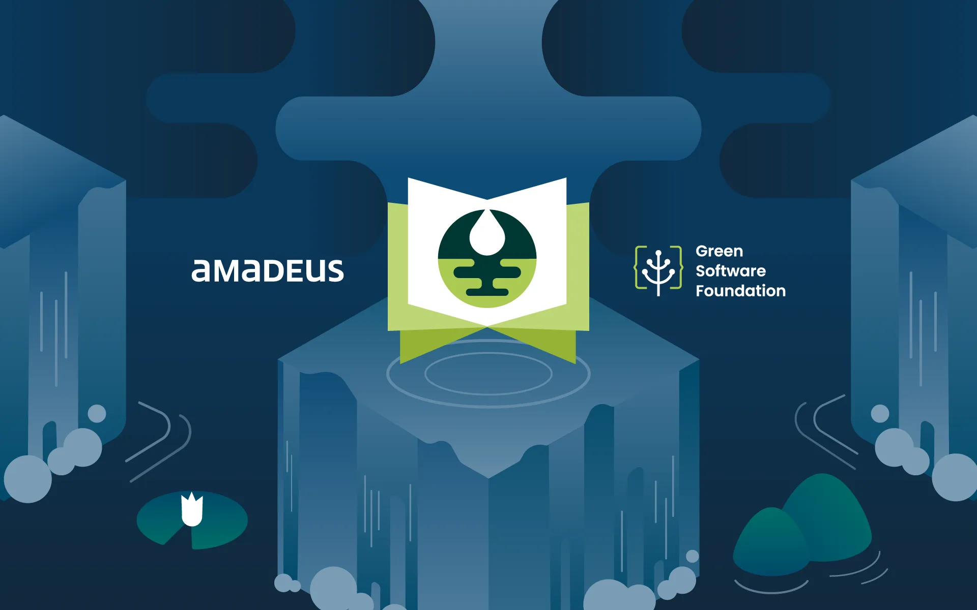 Amadeus and Green Software Foundation logos flanking an open-book icon with a water droplet, set on an illustrated dark blue landscape of isometric blocks with waterfalls, a lily pad and rippling water.