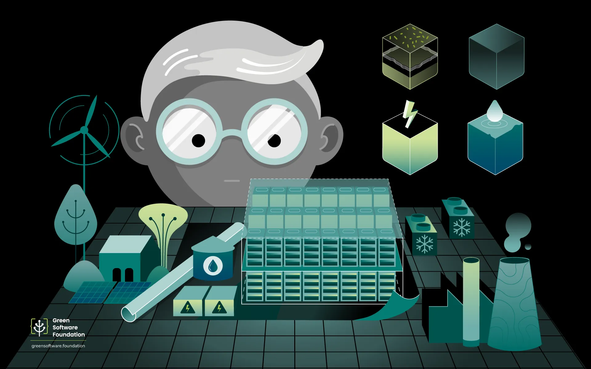 Stylised illustration of a person in round glasses looking over a dark grid landscape containing a data centre, water tank and pipe, cooling units, solar panels, a wind turbine, trees and factory chimneys, with icons for soil, energy and water above. Green Software Foundation logo, bottom left.
