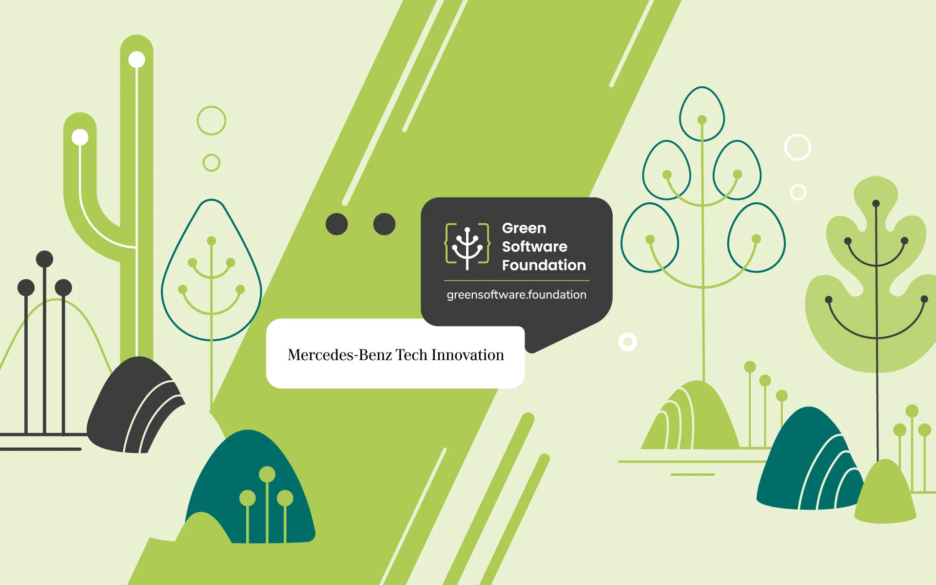 Green Software Foundation and Mercedes-Benz Tech Innovation logos on a nature-themed illustration
