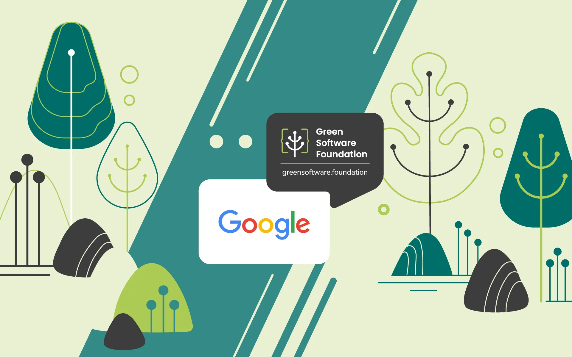 Green Software Foundation and Google logos on a nature-themed illustration