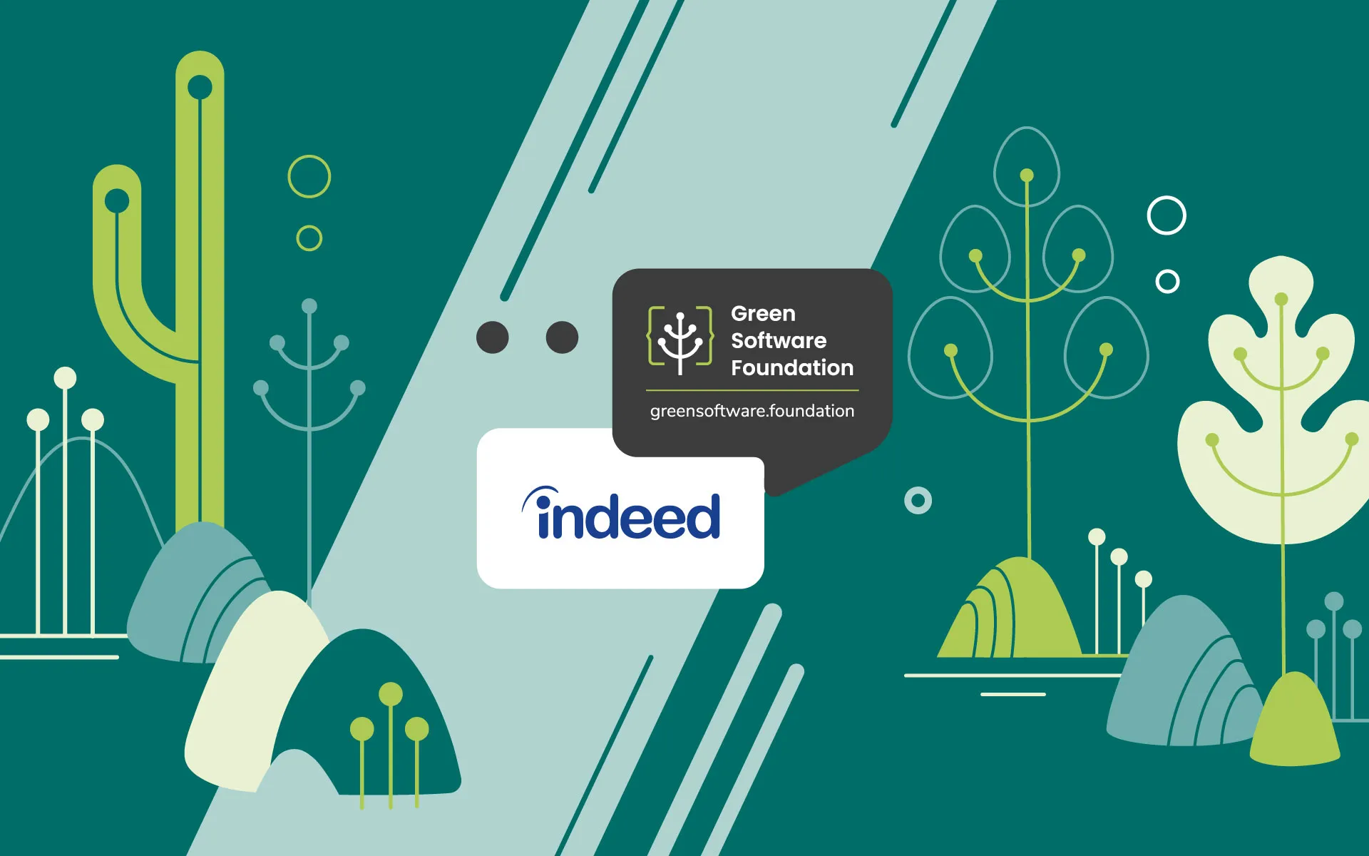 Green Software Foundation and Indeed partnership logos on teal illustrated background