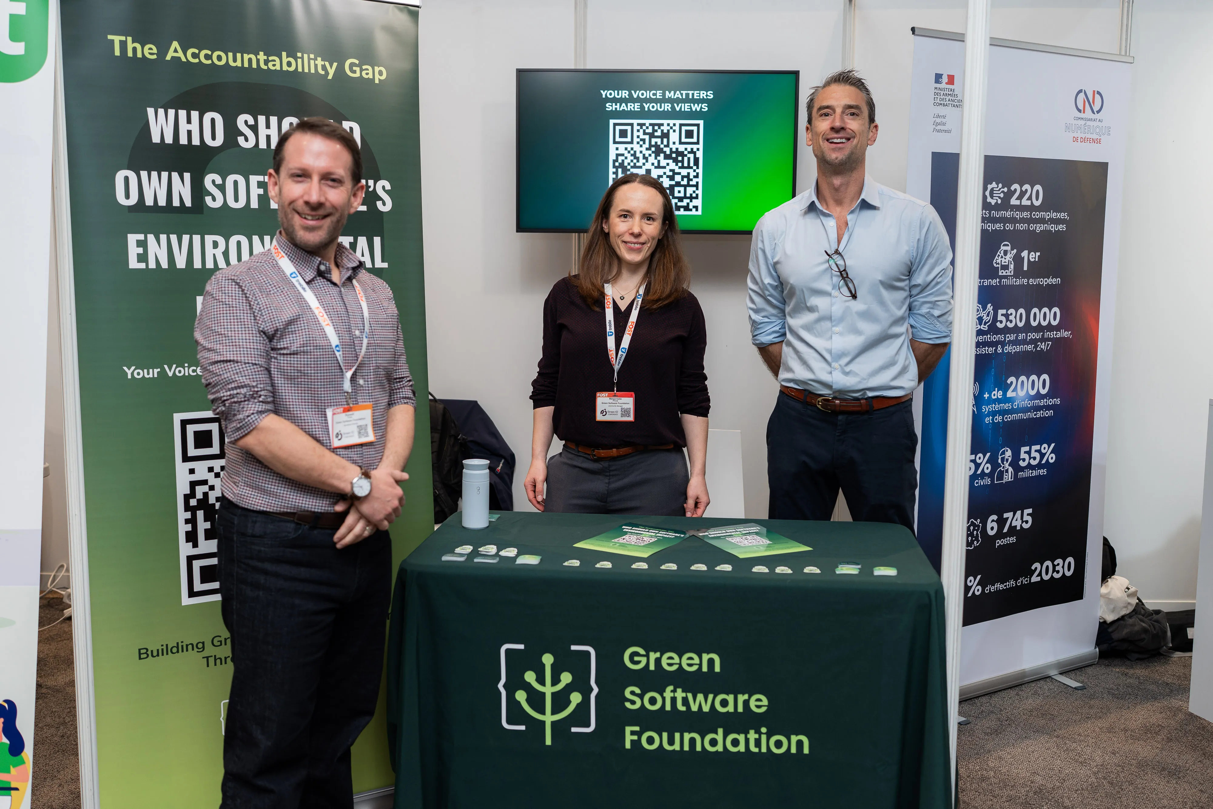 The GSF team at Green IO Paris. The assembly question, "Who Should Own Software's Environmental Impact?", ran across three conference days.