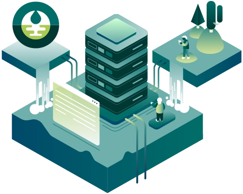 Data centre server rack with water flowing from it, visualising software's water footprint