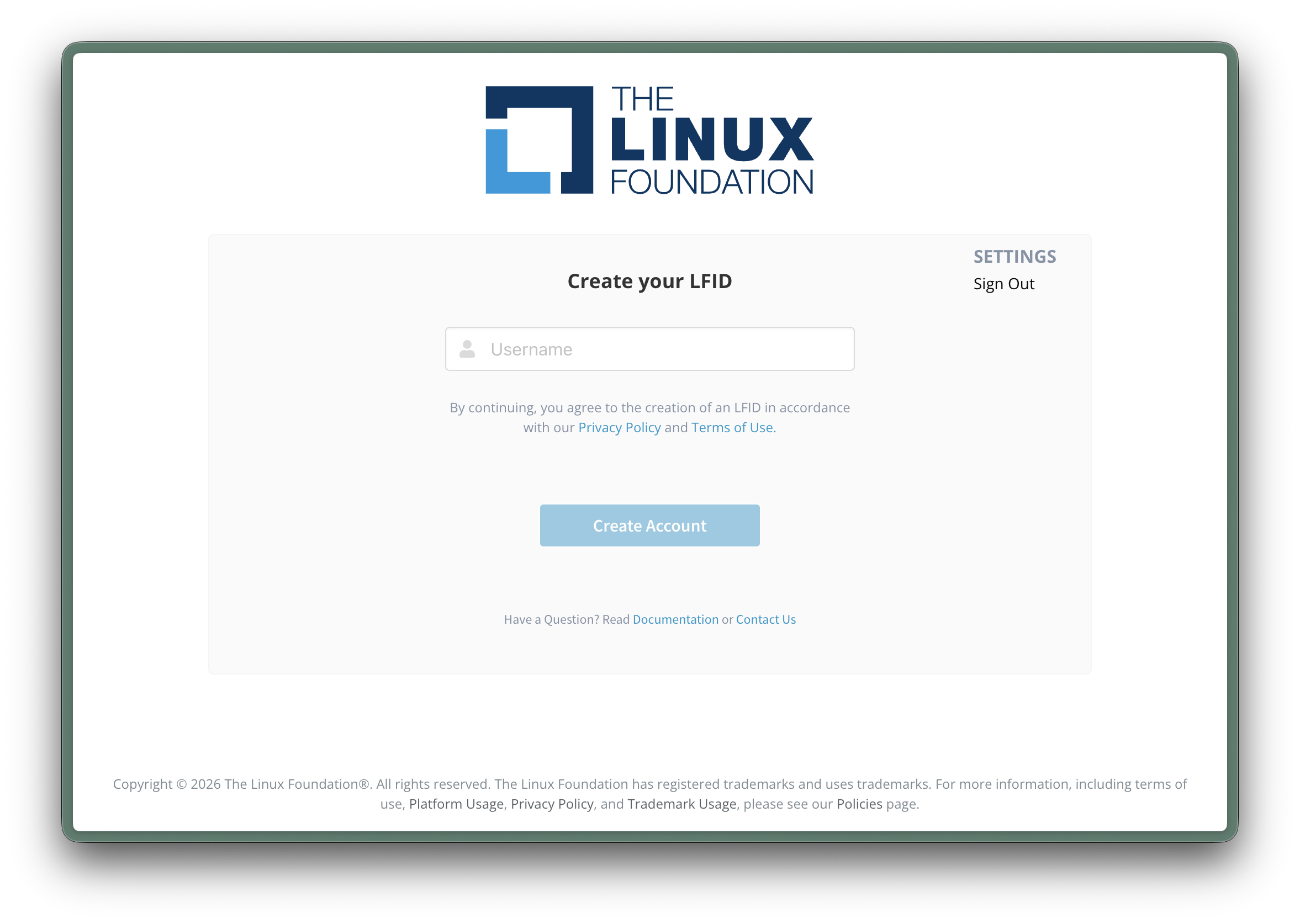 Linux Foundation account creation page with a username field and Create Account button