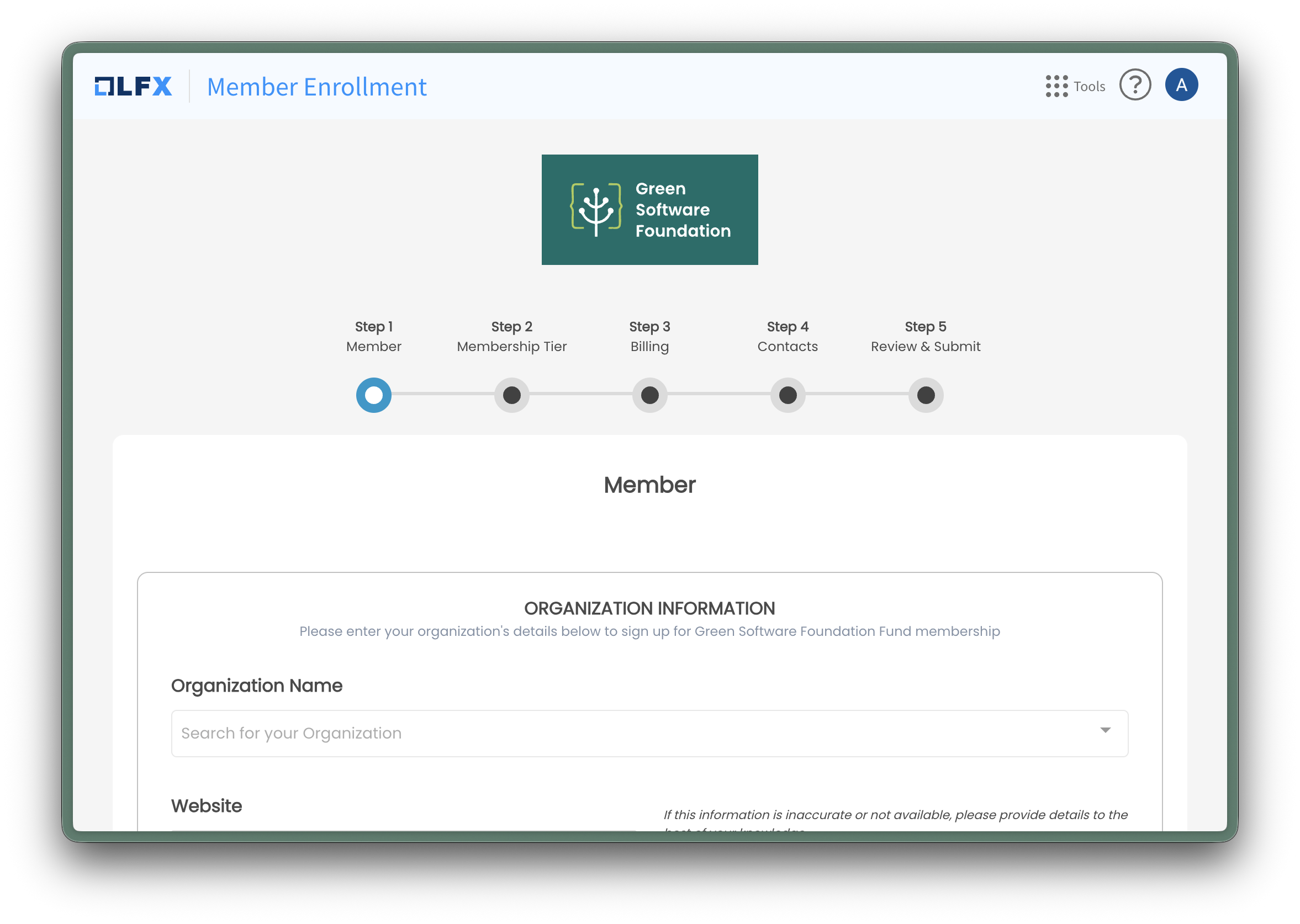 LFX Member Enrollment form showing the Green Software Foundation logo and a five-step process: Member, Membership Tier, Billing, Contacts, Review & Submit