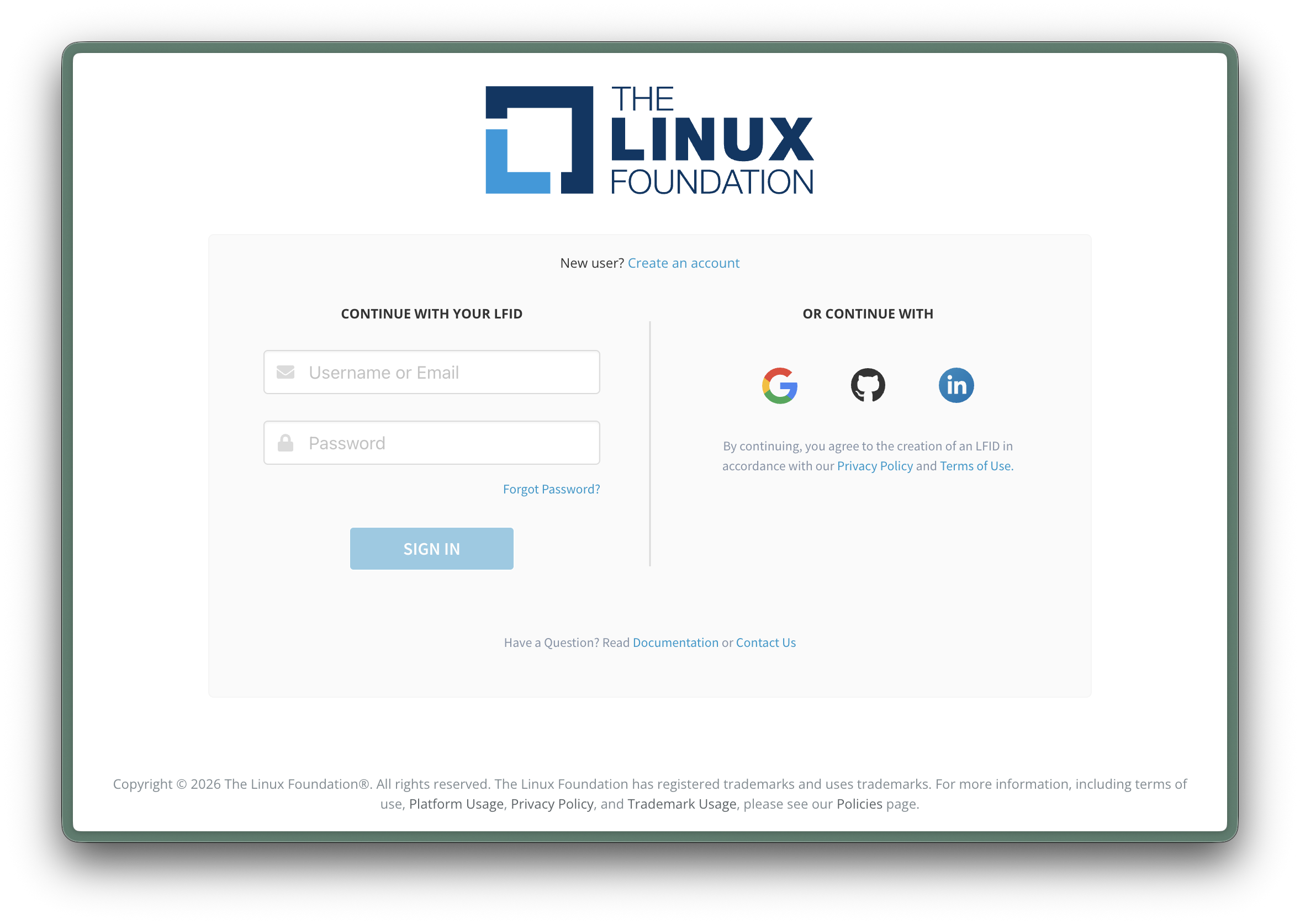 Linux Foundation login page showing username/password fields and social login options for Google, GitHub, and LinkedIn