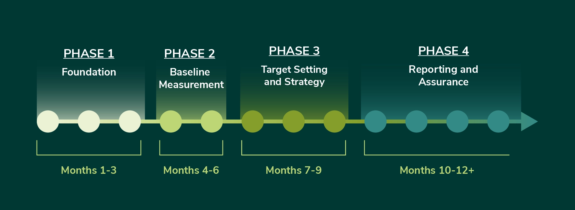 Timeline diagram showing a four-phase SCI implementation roadmap: Phase 1 Foundation (Months 1–3), Phase 2 Baseline Measurement (Months 4–6), Phase 3 Target Setting and Strategy (Months 7–9), and Phase 4 Reporting and Assurance (Months 10–12+)