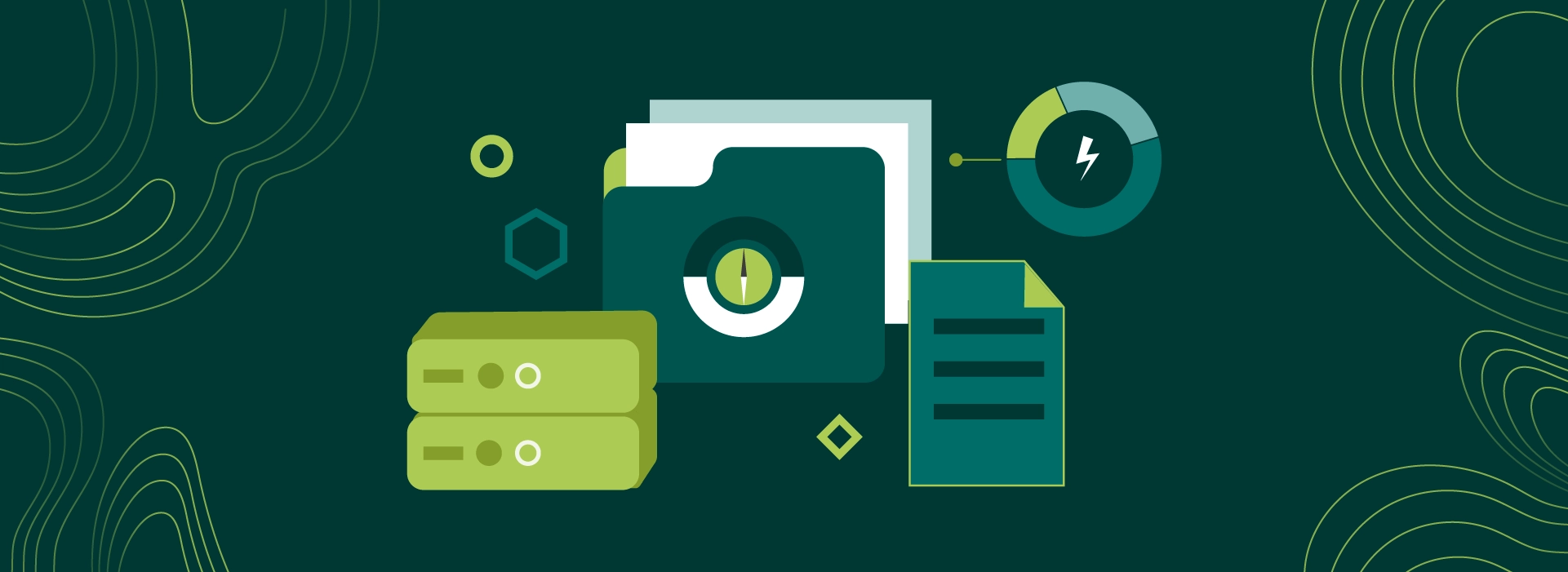 Illustration representing software carbon measurement, featuring a server stack, a document folder with a compass icon, a report document, and an energy donut chart, on a dark green background.