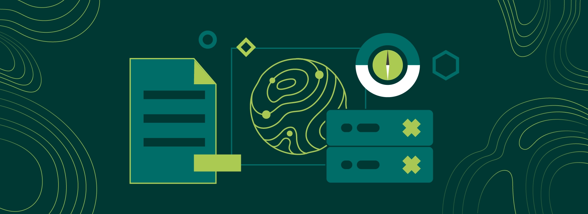 Illustration representing software emissions reporting challenges, featuring a document, a globe with topographic contour lines, a compass icon, and a server stack with error markers, on a dark green background.